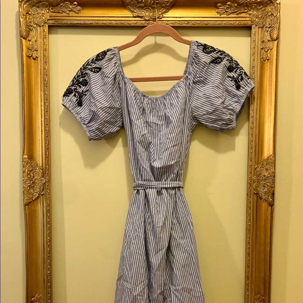 pinstripe dress w/ floral embroidered sleeves